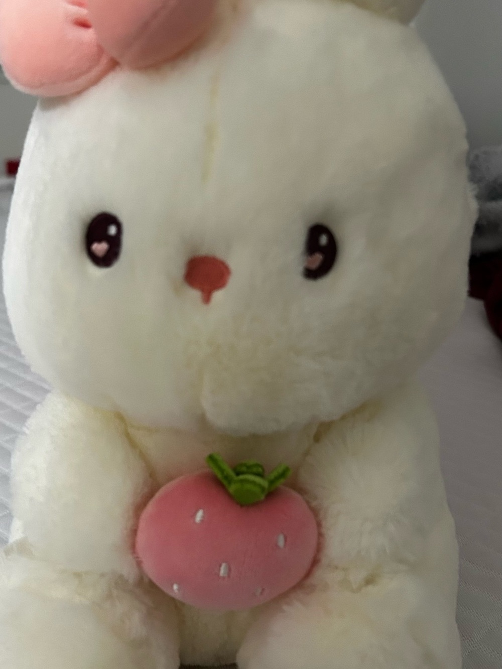 Cream Bunny Plush with Pink Strawberry Toy - Soft Small Pet Plush